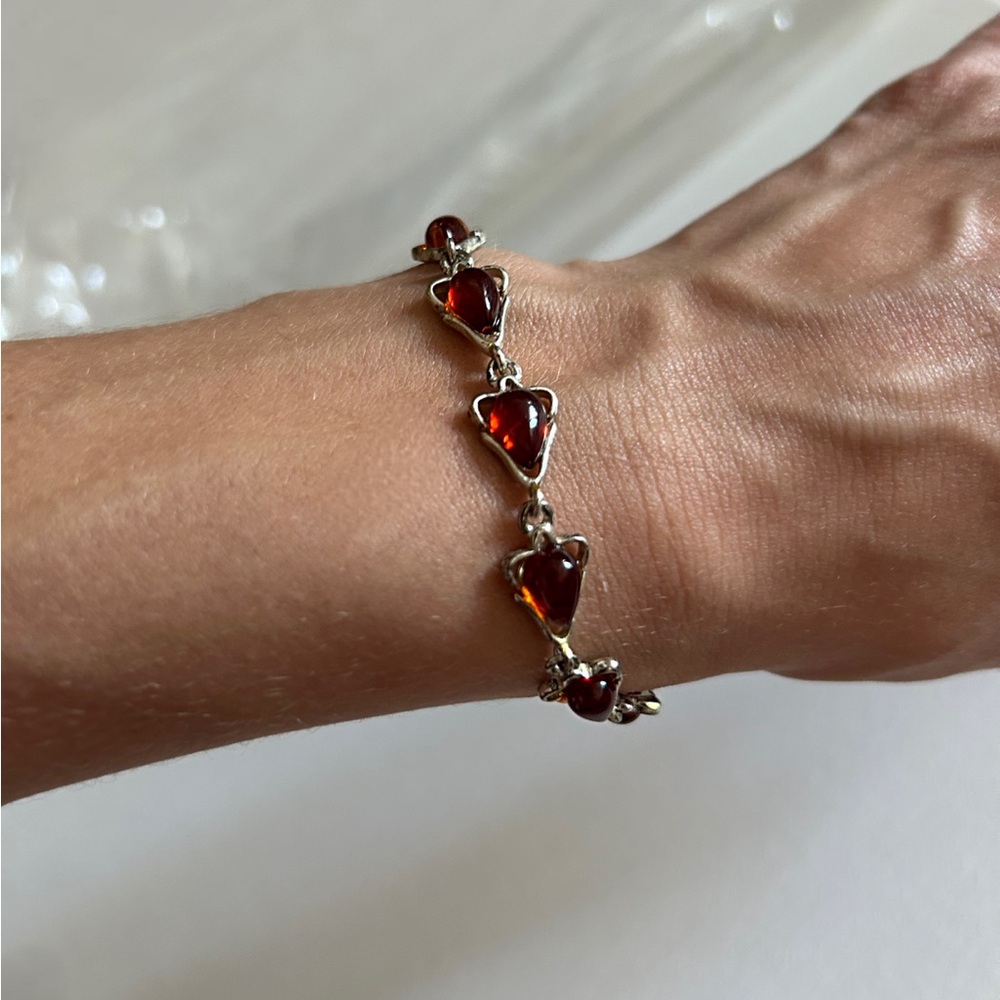 Vintage Geometric Triangle Silver Link Bracelet with Authentic Baltic Amber